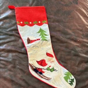 Vintage needlepoint Festive Red Christmas Stocking with Santa Design